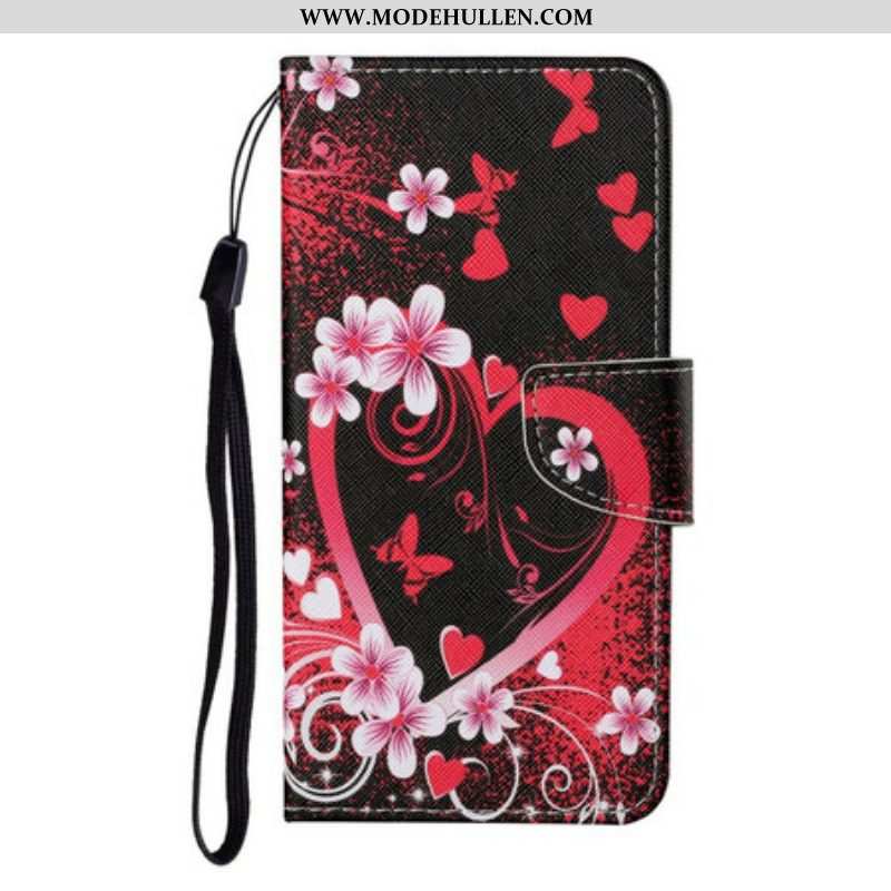 Flip Case Für Samsung Galaxy S21 FE Blumen Und Herzen Mit Schlüsselband