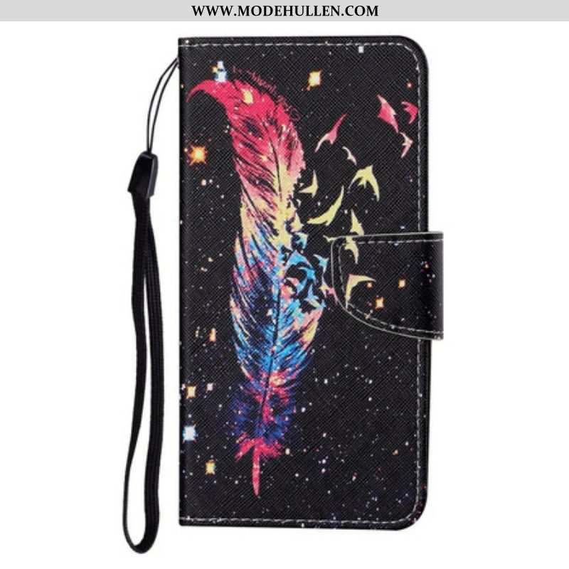 Flip Case Für Samsung Galaxy S21 FE Mit Kordel Bunte Feder Mit Riemen