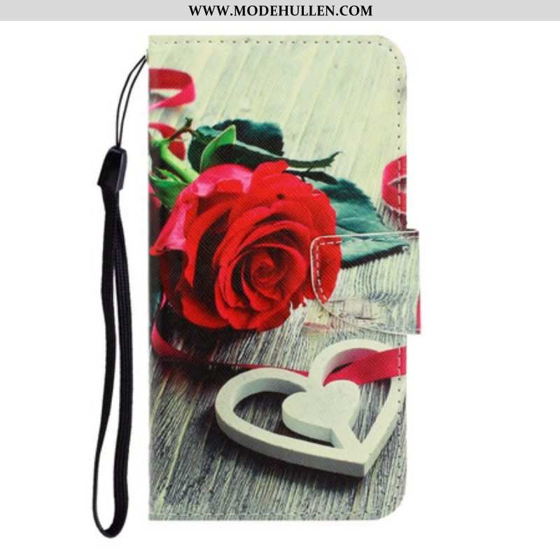 Flip Case Für Samsung Galaxy S21 FE Mit Kordel Romantische Rose Mit Riemen