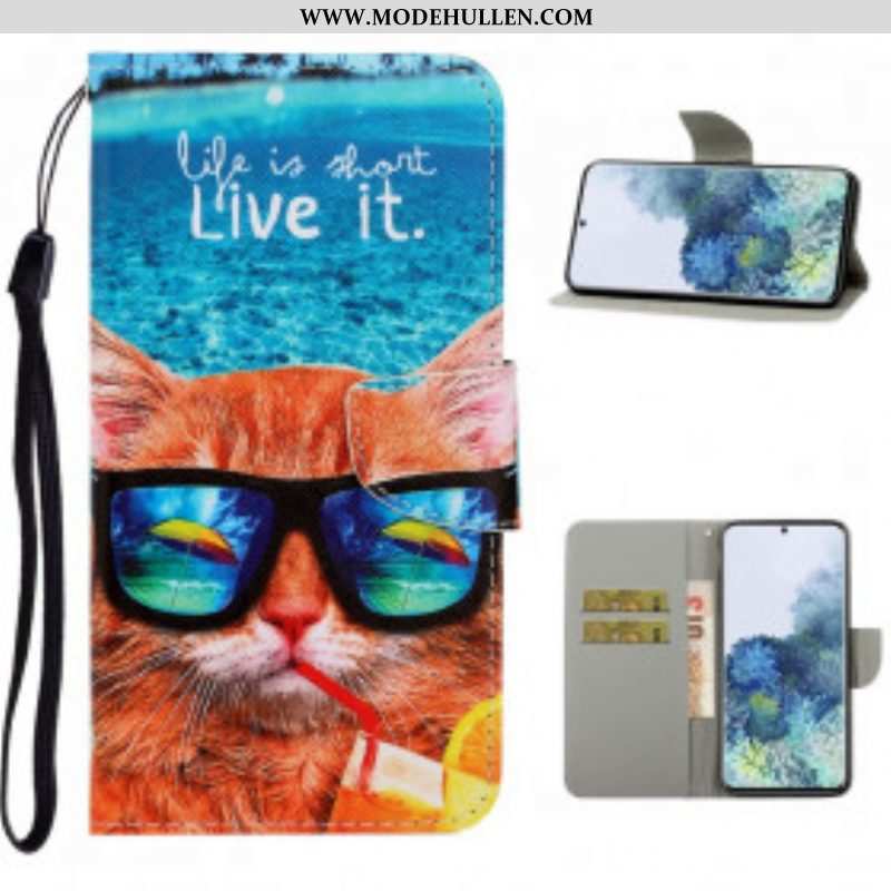 Flip Case Für Samsung Galaxy S21 Ultra 5G Mit Kordel Cat Live It Strappy