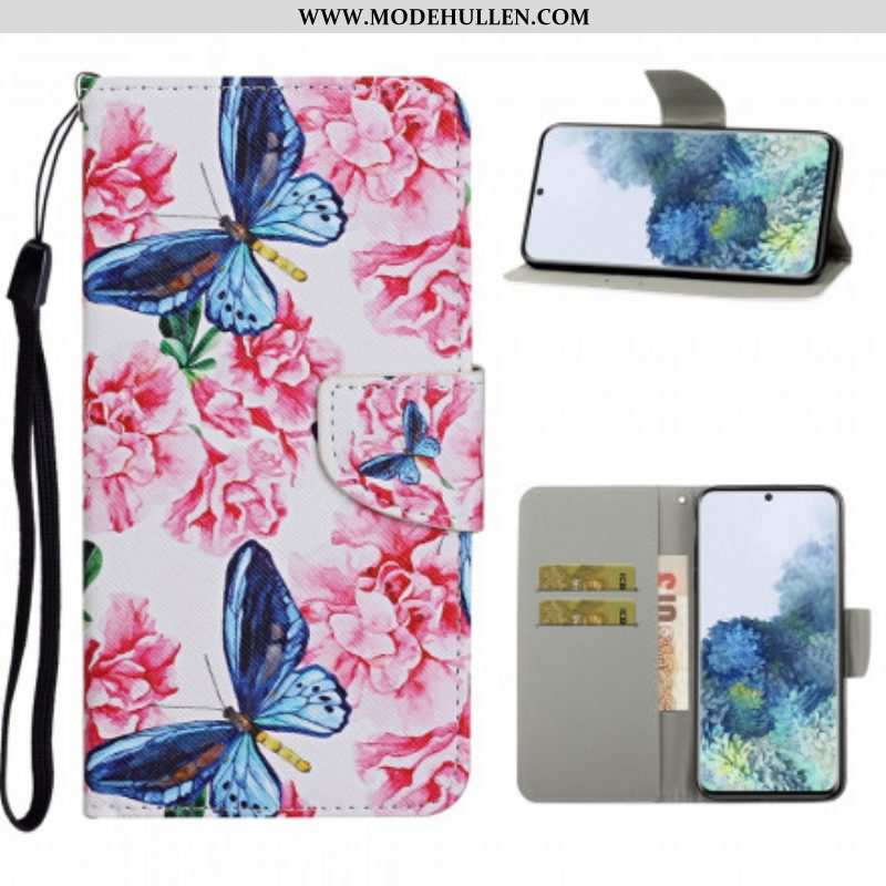 Flip Case Für Samsung Galaxy S21 Ultra 5G Schmetterlinge Blumen-lanyard