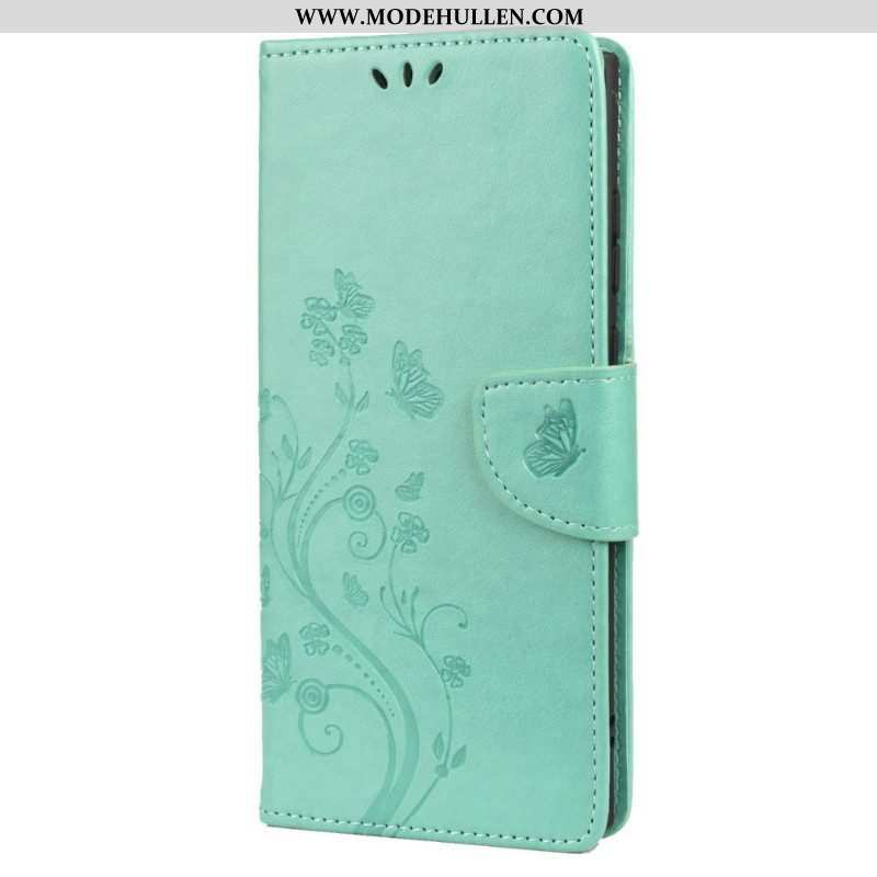 Flip Case Für Samsung Galaxy S22 Ultra 5G Schmetterlinge Und Blumen Mit Schlüsselband