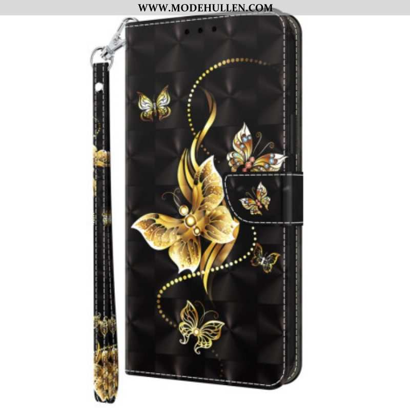 Flip Case Für Samsung Galaxy S23 5G Mit Kordel Goldarmband Mit Schmetterlingen