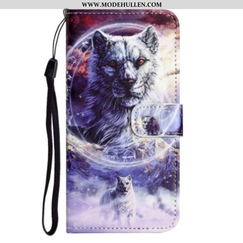 Flip Case Für Samsung Galaxy S23 5G Mit Kordel Schlüsselband Wolf