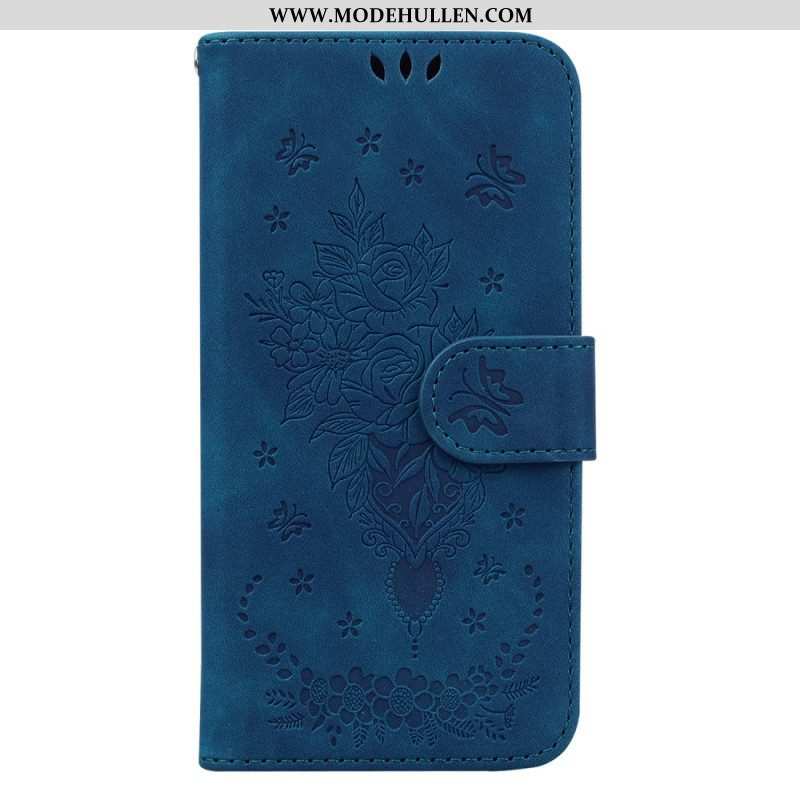 Flip Case Für Xiaomi Redmi Note 12 4G Mit Kordel Riemchenrosen Und Schmetterlinge