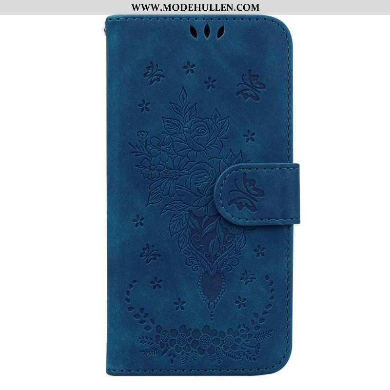 Flip Case Für Xiaomi Redmi Note 12 5G Mit Kordel Riemchenrosen Und Schmetterlinge