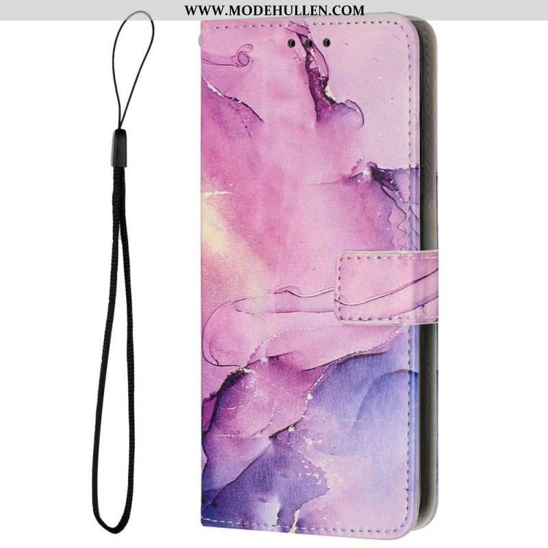 Flip Case Für iPhone 14 Mit Kordel Streifenmarmor