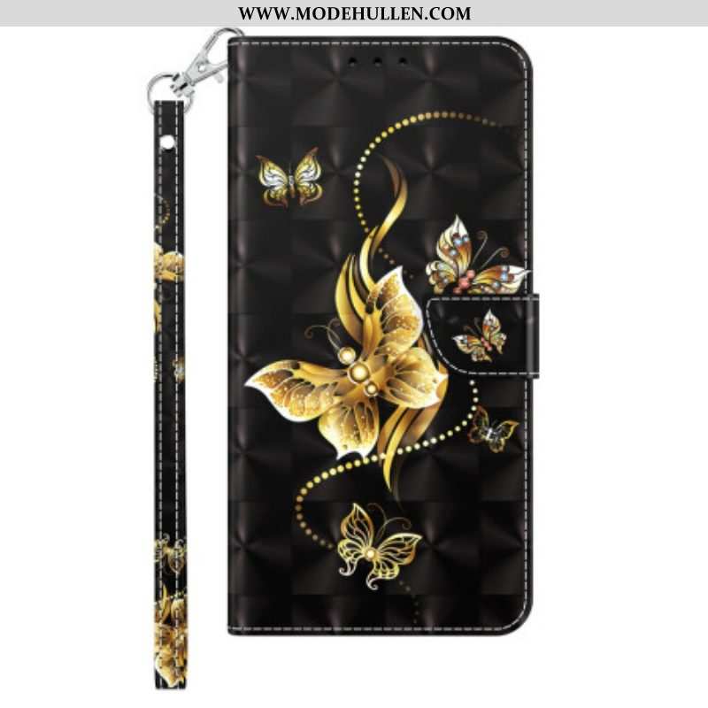 Flip Case Für iPhone 14 Pro Mit Kordel Goldene Schmetterlinge Mit Riemen