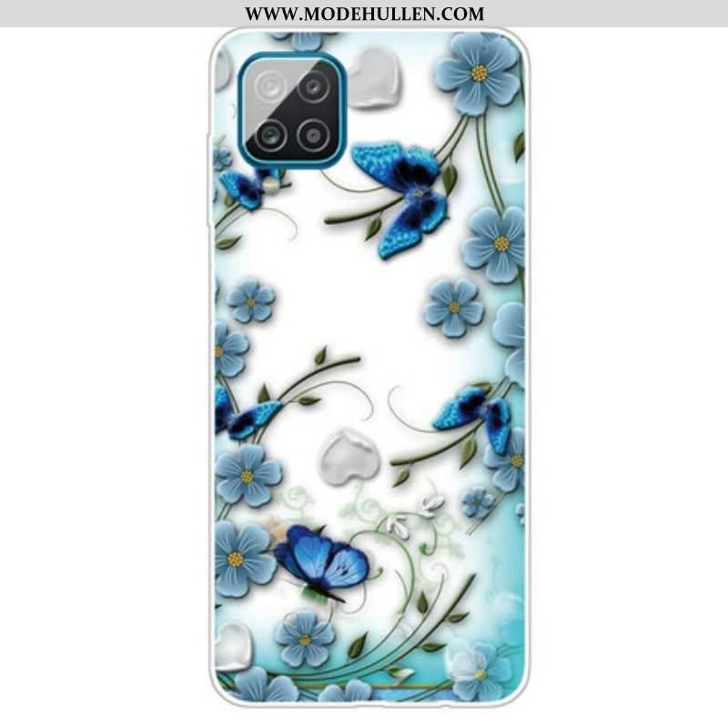 Handyhülle Für Samsung Galaxy M12 / A12 Nahtlose Retro-schmetterlinge Und Blumen