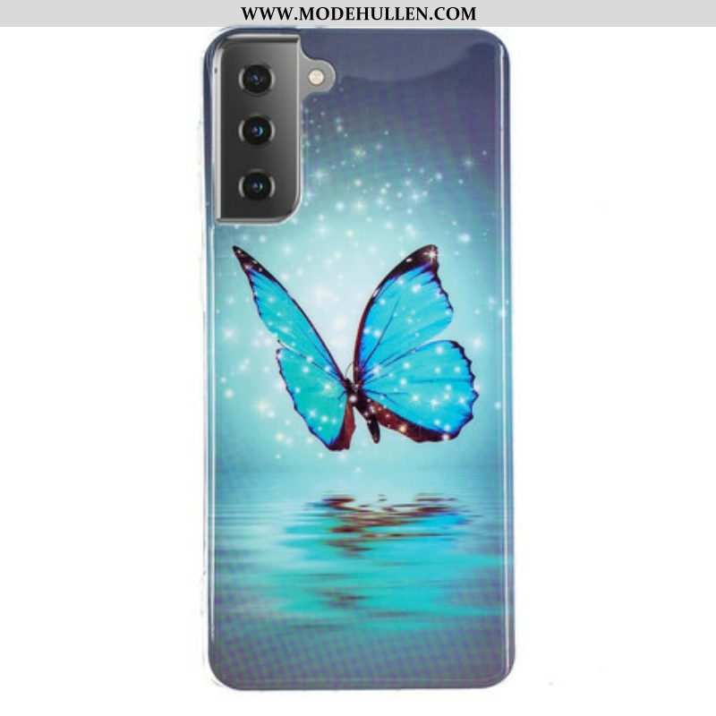 Handyhülle Für Samsung Galaxy S21 5G Fluoreszierender Blauer Schmetterling