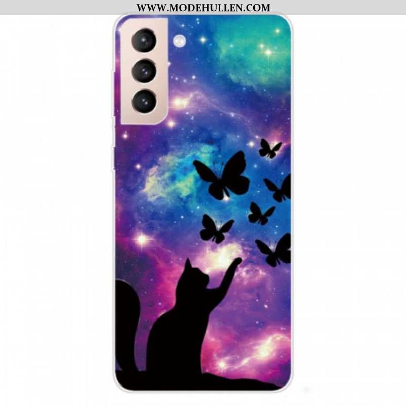 Handyhülle Für Samsung Galaxy S22 5G Katze Und Schmetterlinge Im Weltraum