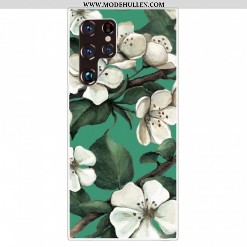 Handyhülle Für Samsung Galaxy S22 Ultra 5G Bemalte Weiße Blumen
