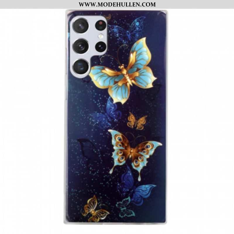 Handyhülle Für Samsung Galaxy S22 Ultra 5G Fluoreszierende Schmetterlinge
