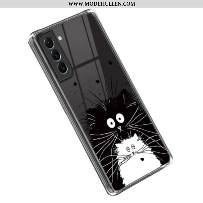 Handyhülle Für Samsung Galaxy S23 5G Transparente Weiße Katze. Schwarze Katze