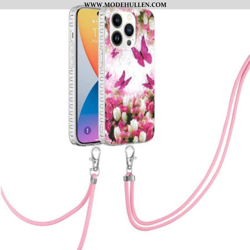 Handyhülle Für iPhone 14 Pro Mit Kordel Schmetterlinge Im Kordelzug-stil