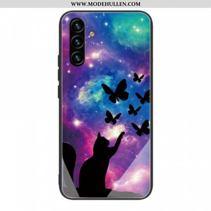 Hülle Für Samsung Galaxy A13 5G / A04s Katze Und Schmetterlinge Aus Gehärtetem Glas Im Weltraum