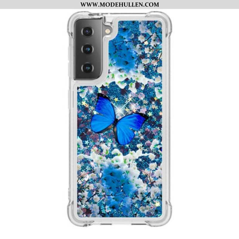 Hülle Für Samsung Galaxy S21 5G Glitzernde Blaue Schmetterlinge