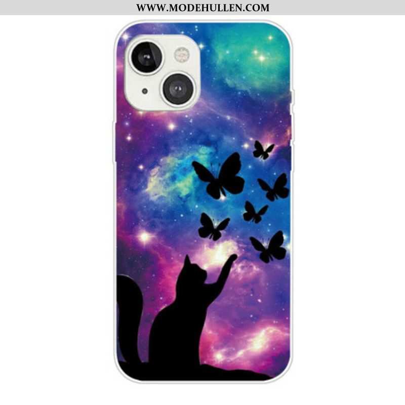 Hülle Für iPhone 13 Mini Katze Und Schmetterlinge Im Weltraum