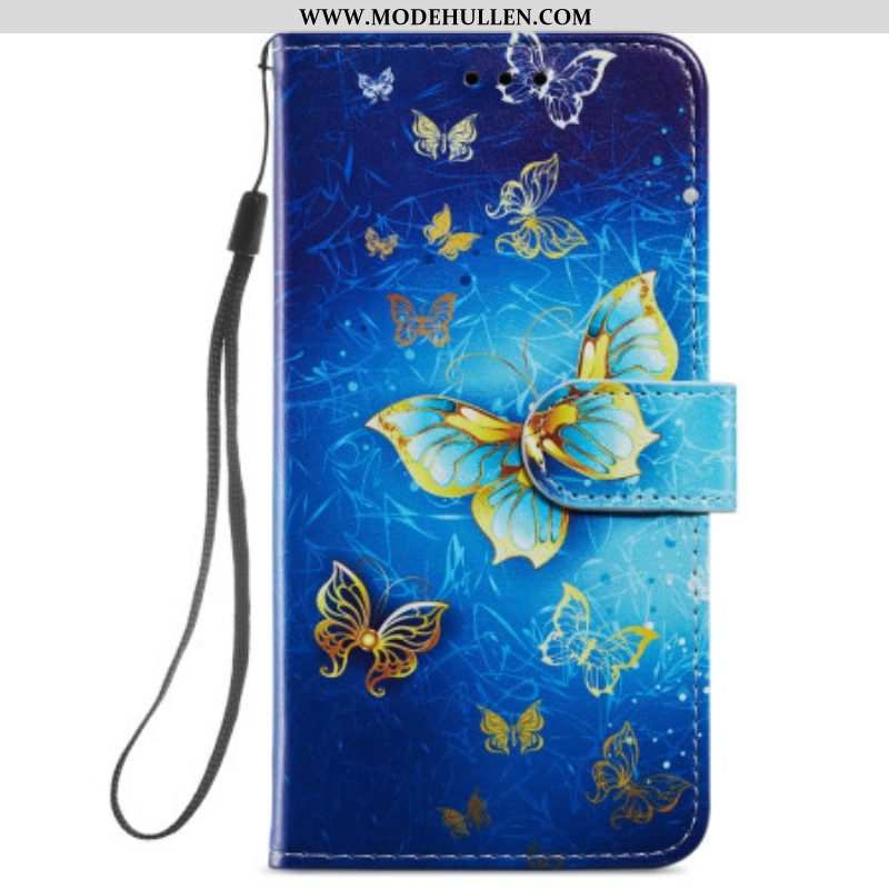 Lederhüllen Für Samsung Galaxy A54 5G Mit Kordel Goldene Schmetterlinge Mit Riemen