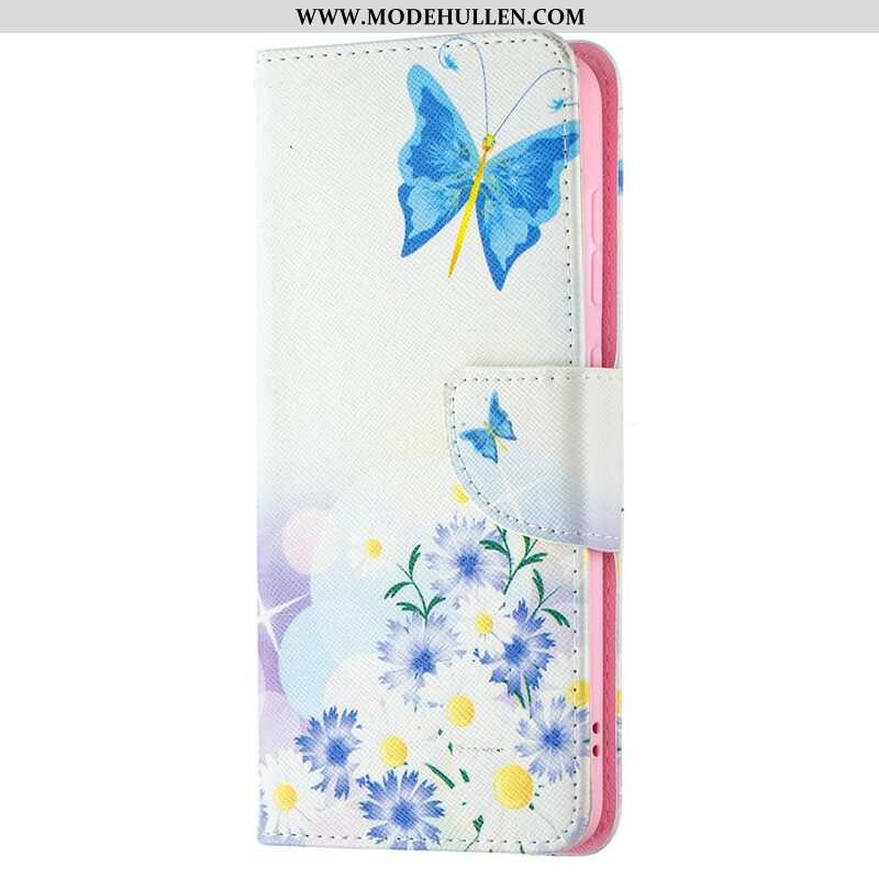 Lederhüllen Für Samsung Galaxy S21 FE Bemalte Schmetterlinge Und Blumen