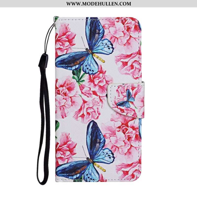 Lederhüllen Für Samsung Galaxy S22 Ultra 5G Schmetterlinge Blumen-lanyard