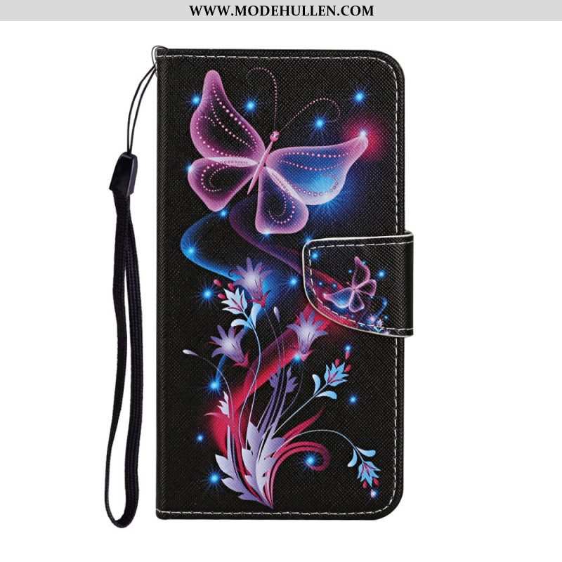 Lederhüllen Für Samsung Galaxy S22 Ultra 5G Schmetterlinge Und Schlüsselband