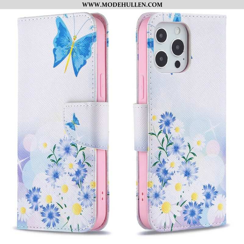 Lederhüllen Für iPhone 13 Pro Max Bemalte Schmetterlinge Und Blumen