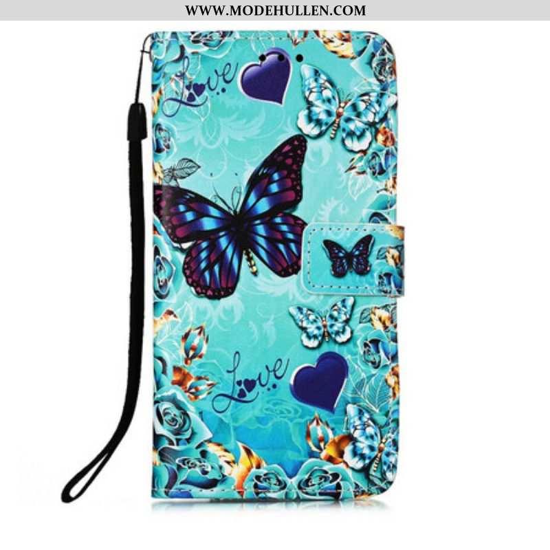Lederhüllen Für iPhone 13 Pro Mit Kordel Love Butterflys Riemchen