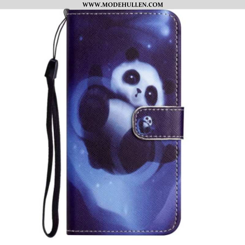 Lederhüllen Für iPhone 14 Plus Mit Kordel Panda Im Weltraum Mit Schlüsselband