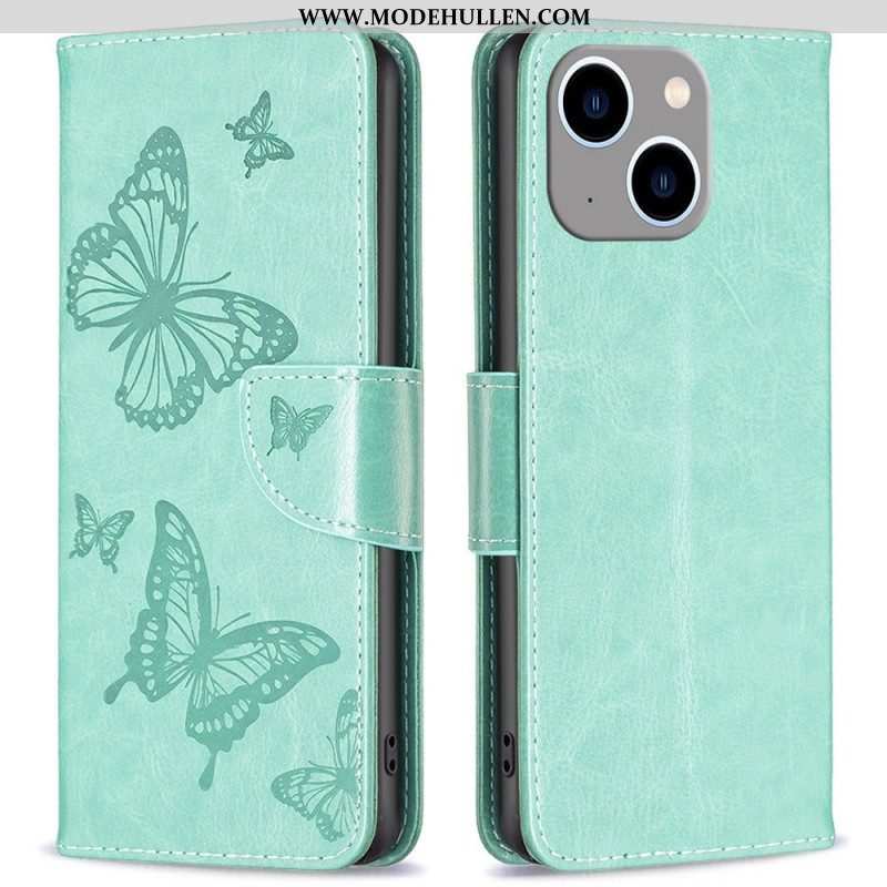 Lederhüllen Für iPhone 14 Plus Mit Kordel Riemchen Mit Schmetterlingen-print