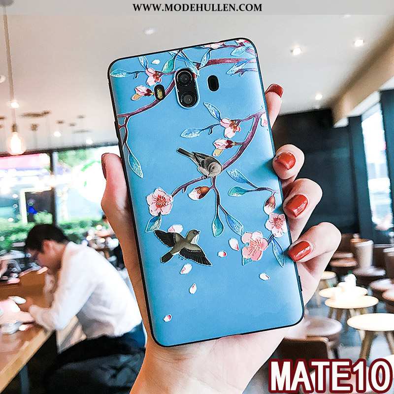 Hülle Huawei Mate 10 Silikon Schutz Prägung Frisch Blumen Case Blau