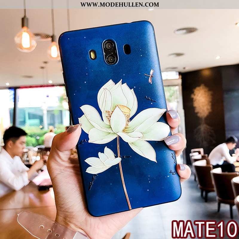 Hülle Huawei Mate 10 Silikon Schutz Prägung Frisch Blumen Case Blau