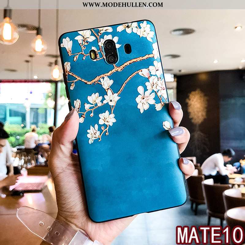 Hülle Huawei Mate 10 Silikon Schutz Prägung Frisch Blumen Case Blau