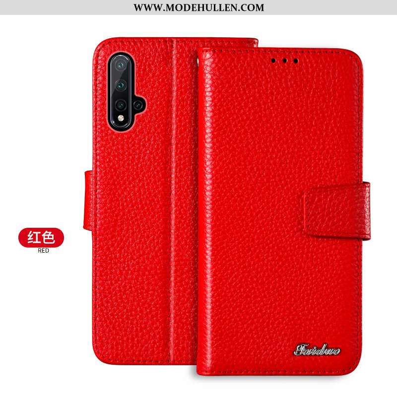 Hülle Huawei Nova 5t Lederhülle Echt Leder Karte Rot Handy Alles Inklusive Anti-sturz Rote
