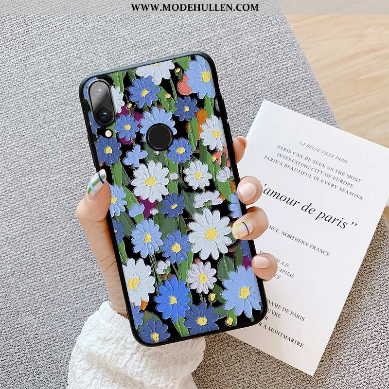 Hülle Huawei P Smart 2020 Schutz Nubuck Dünne Blau Blumen Case Weiche