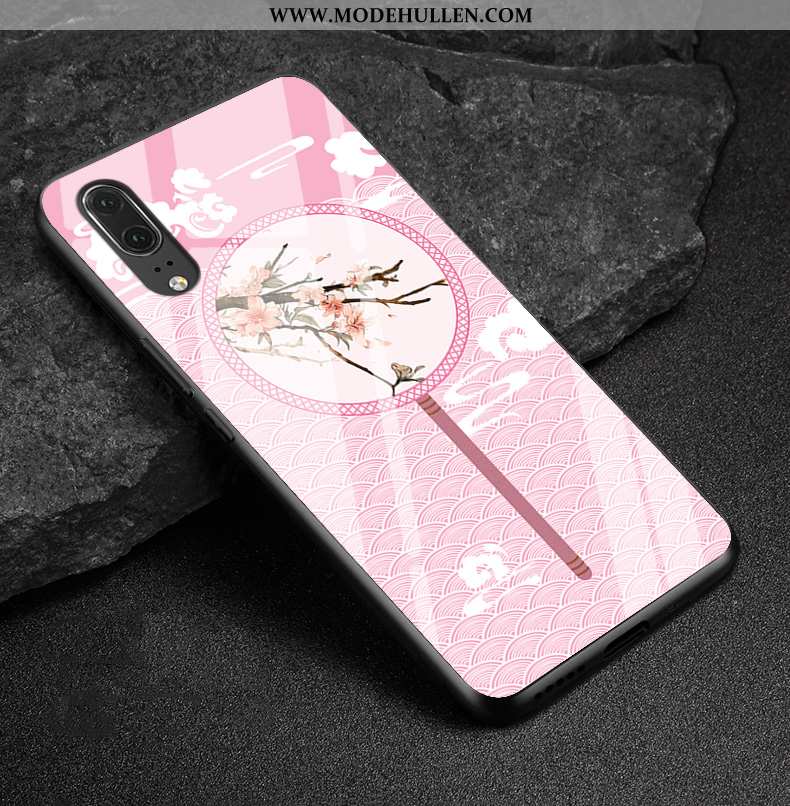 Hülle Huawei P20 Glas Echt Leder Case Schutz Rosa Schwer