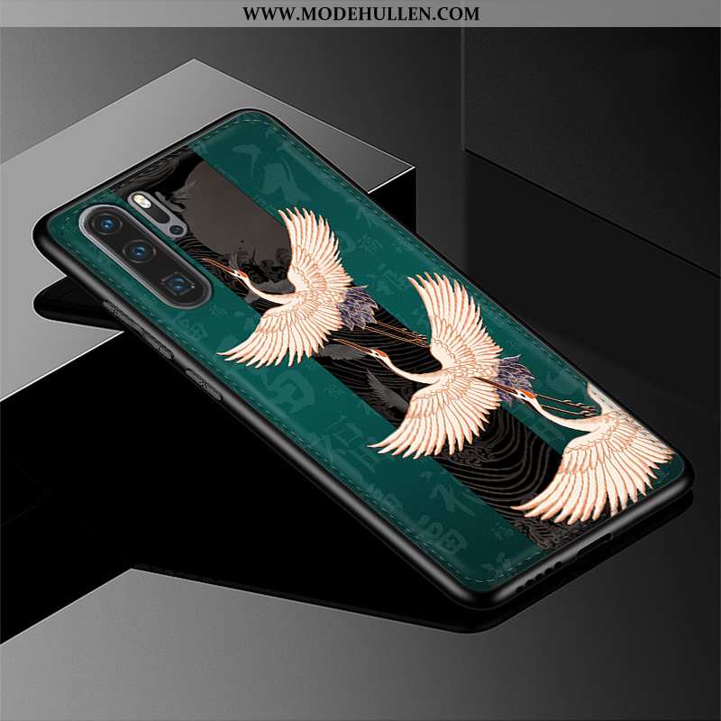 Hülle Huawei P20 Pro Silikon Schutz Muster Handy Echt Leder Blau Prägung