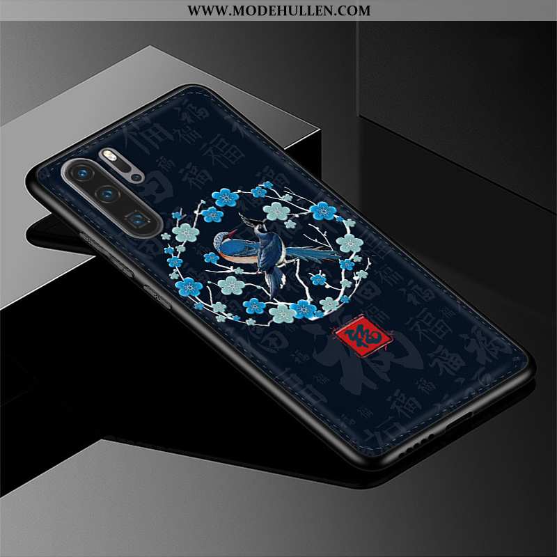 Hülle Huawei P20 Pro Silikon Schutz Muster Handy Echt Leder Blau Prägung