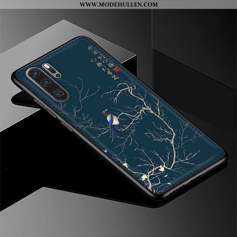 Hülle Huawei P20 Pro Silikon Schutz Muster Handy Echt Leder Blau Prägung
