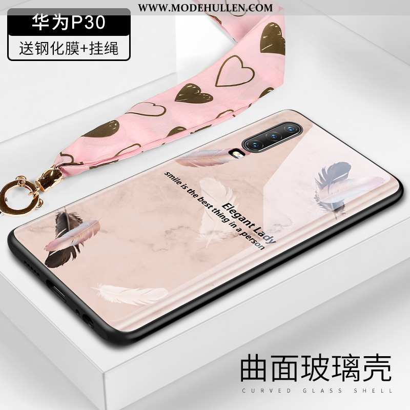 Hülle Huawei P30 Hängende Verzierungen Kreativ Hängender Hals Rosa Case Anti-sturz Feder