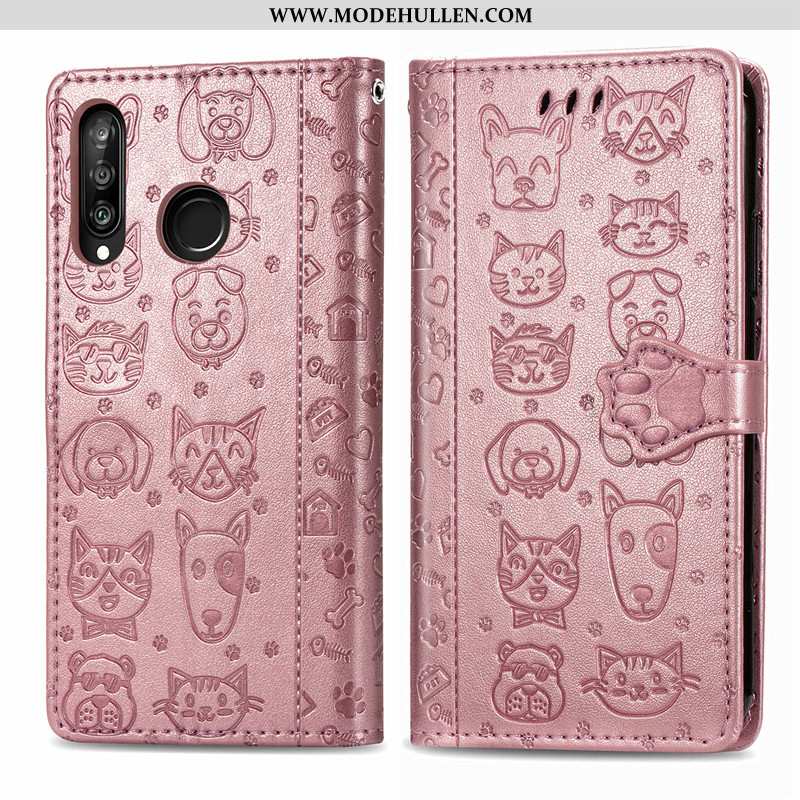 Hülle Huawei P30 Lite Prägung Karikatur Case Schutz Einfarbig Folio Handy Lila