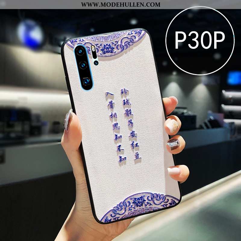 Hülle Huawei P30 Pro Prägung Leder Handy Weiß Liebhaber Chinesische Art Weiße