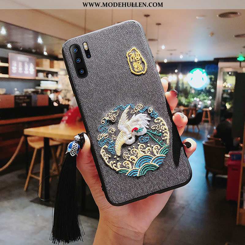 Hülle Huawei P30 Pro Stickerei Prägung Kran Palast Trend Handy Rot Grau