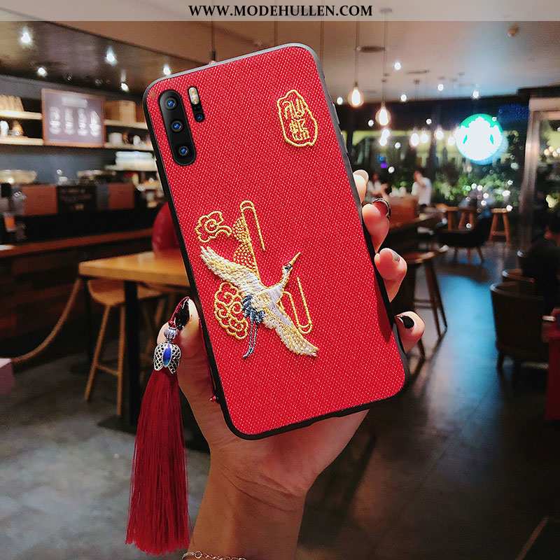 Hülle Huawei P30 Pro Stickerei Prägung Kran Palast Trend Handy Rot Grau