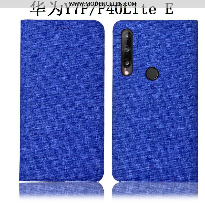 Hülle Huawei P40 Lite E Lederhülle Schutz Baumwolle Und Leinen Folio Case Anti-sturz Dunkelblau