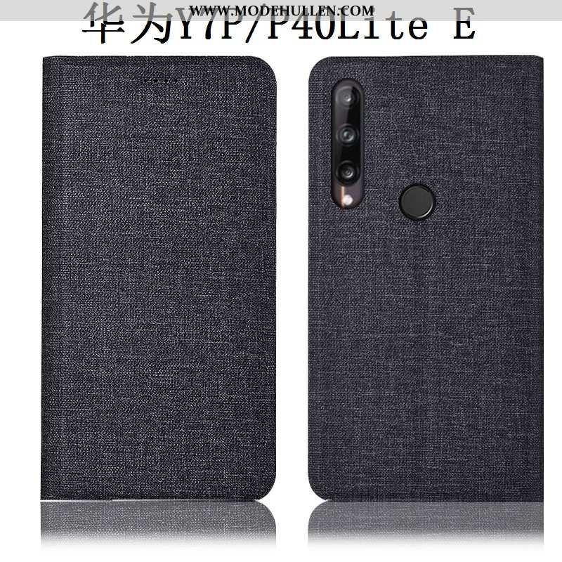 Hülle Huawei P40 Lite E Lederhülle Schutz Baumwolle Und Leinen Folio Case Anti-sturz Dunkelblau