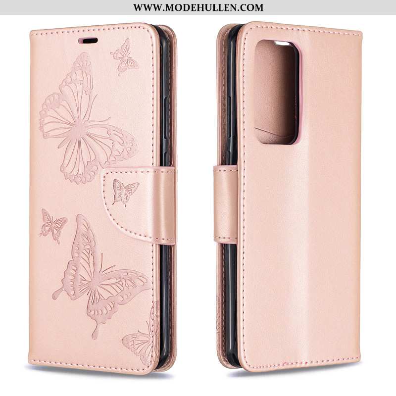 Hülle Huawei P40 Lite Schutz Lederhülle Schmetterling Einfarbig Folio Case Lila