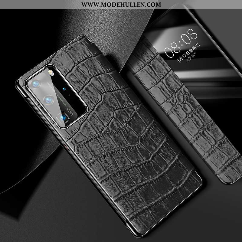 Hülle Huawei P40 Pro Echt Leder Leder Handy Schutzhülle Muster Dunkelblau Zubehör