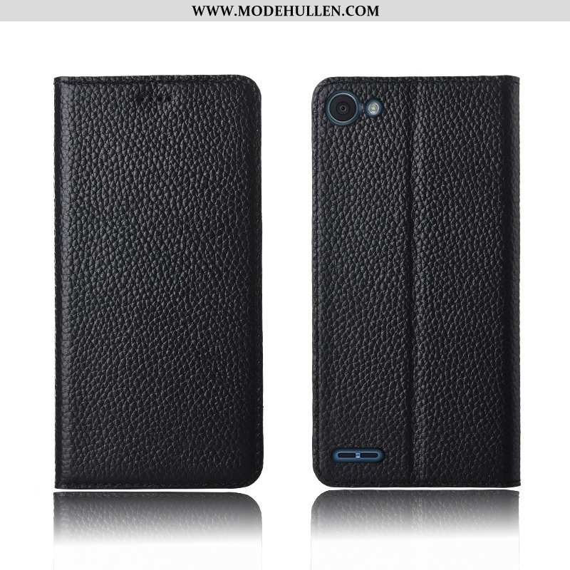Hülle Lg Q6 Echt Leder Weiche Neu Einfassung Lederhülle Clamshell Handy Schwarz