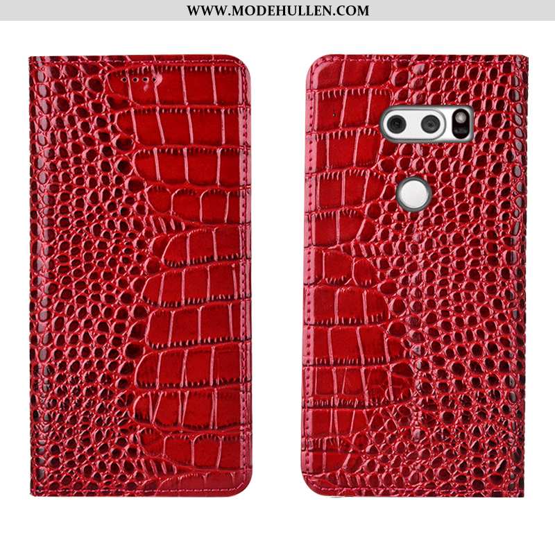 Hülle Lg V30 Echt Leder Schutz Alles Inklusive Handy Case Krokodilmuster Folio Rote